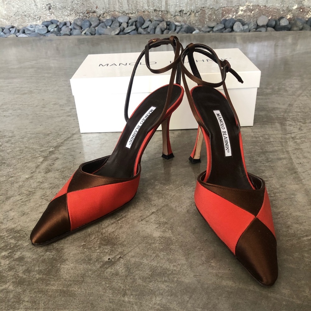 Two-toned Manolo Blahnik satin heels signed by MB!